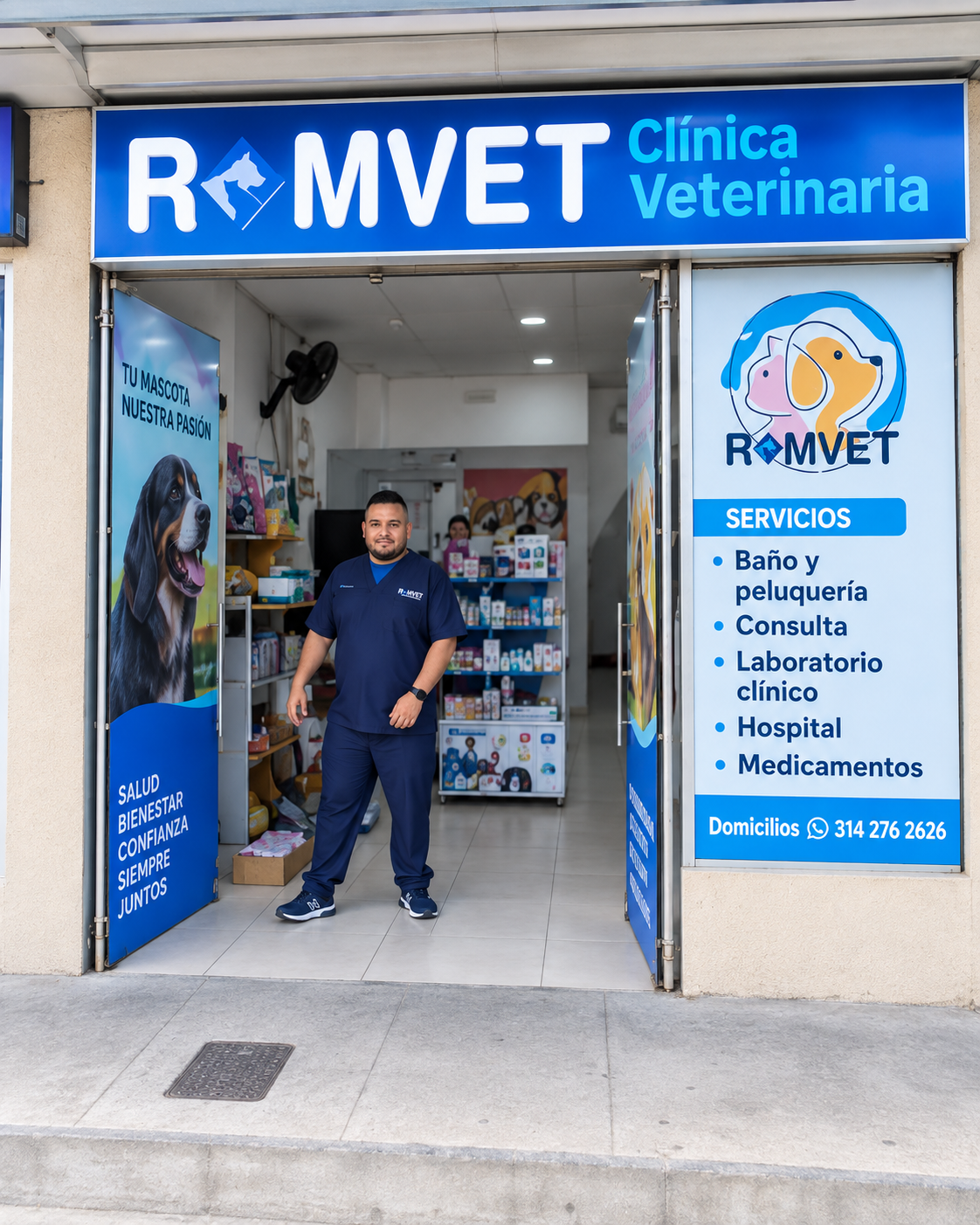 Entrada real de ROMVET Clínica Veterinaria en Villavicencio con el doctor