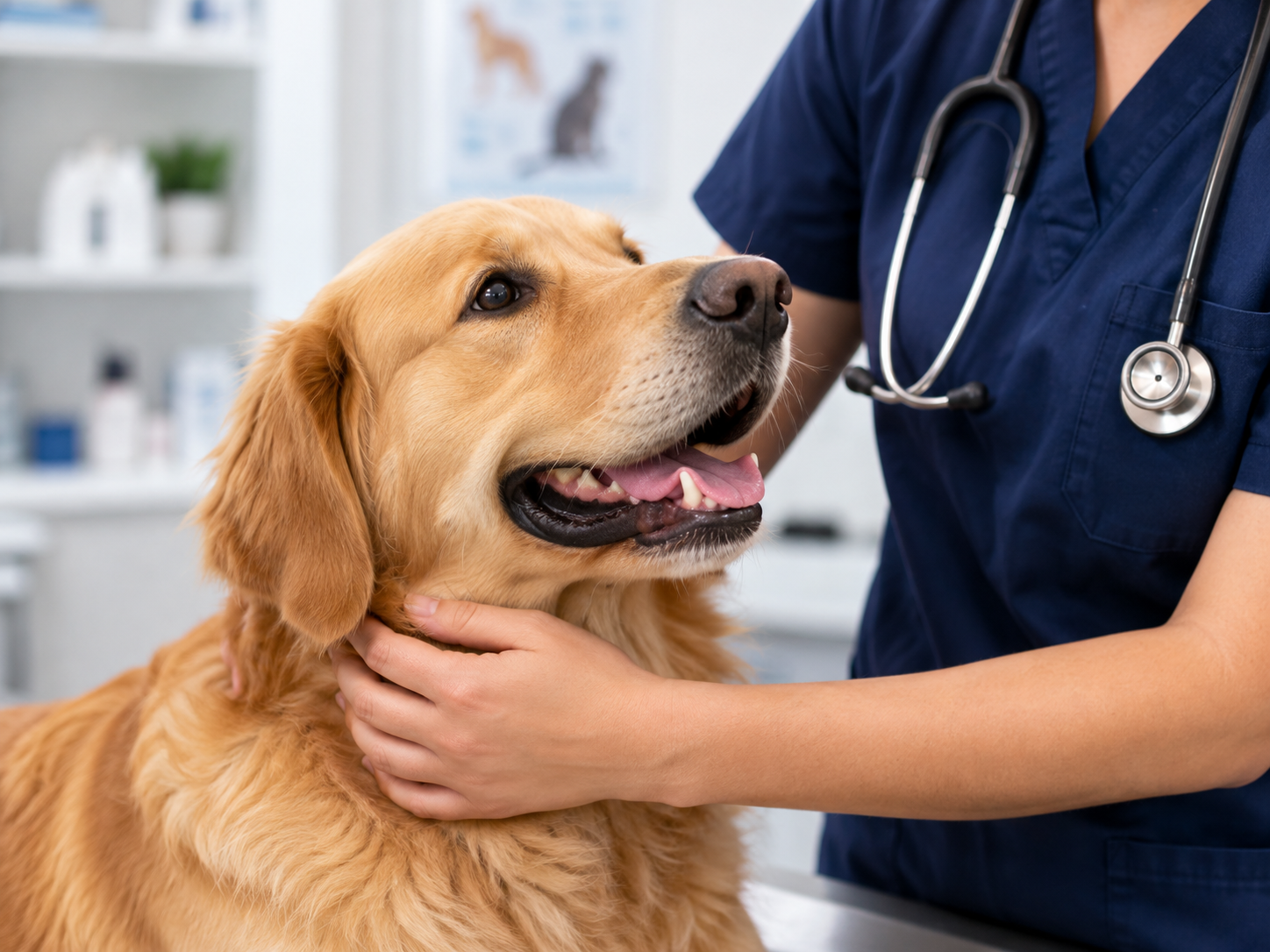 Doctor veterinario atendiendo a un perro retriever en ROMVET