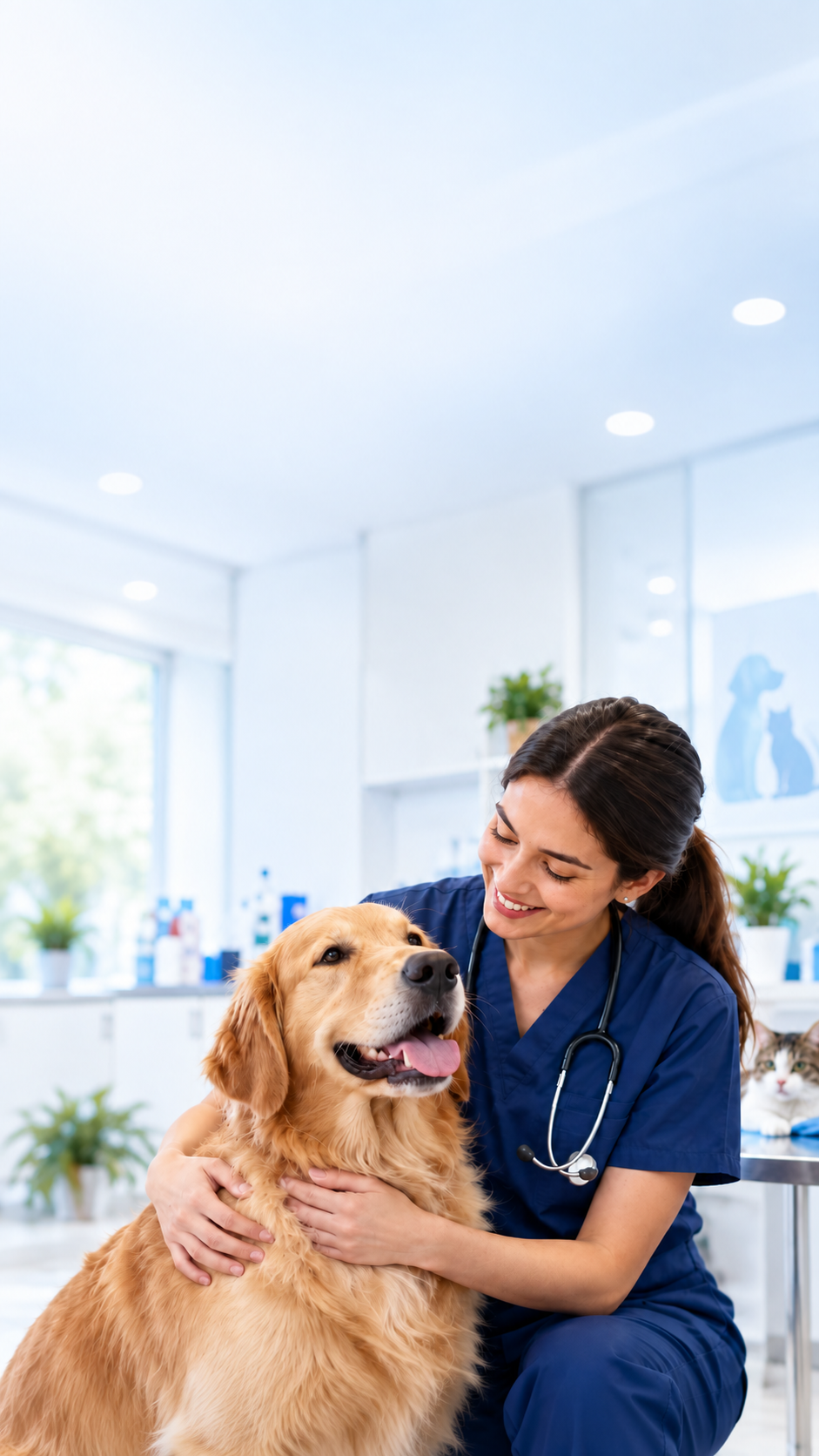 Veterinaria de ROMVET atendiendo con cariño a un perro golden retriever