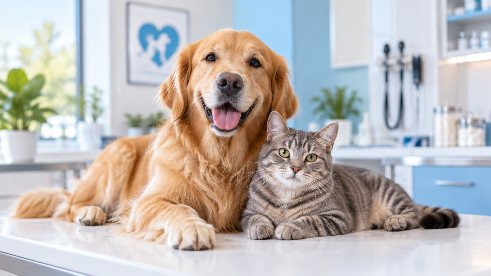 Perro golden retriever y gato en consulta de ROMVET Clínica Veterinaria