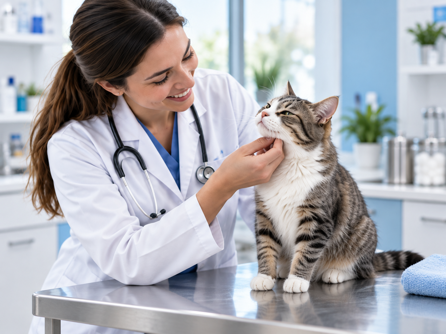 Doctora veterinaria en ROMVET atendiendo a un gato con cuidado